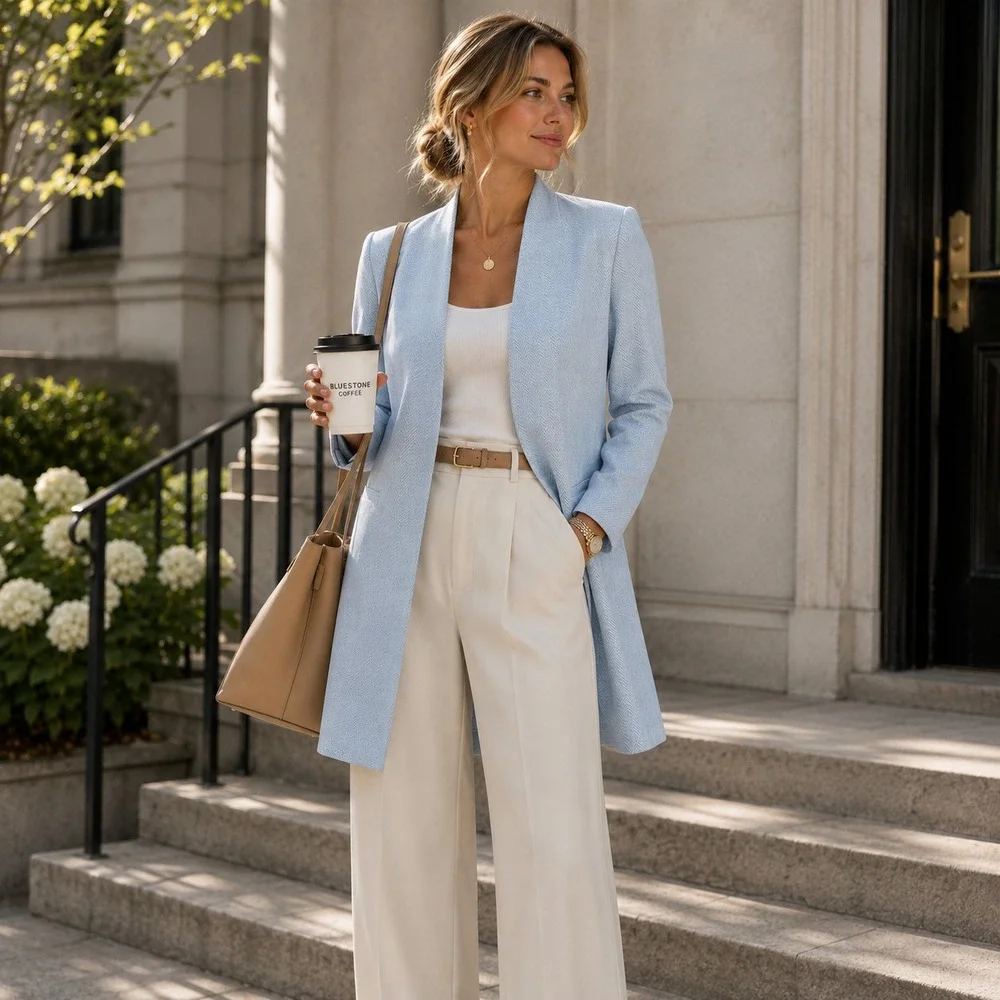NWT Calvin Klein Longline Herringbone Open Front Blazer 16 Blue